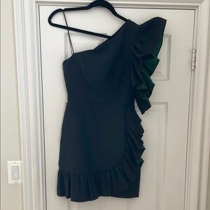 Sandro Black One shoulder Ruffled Cocktail Dress